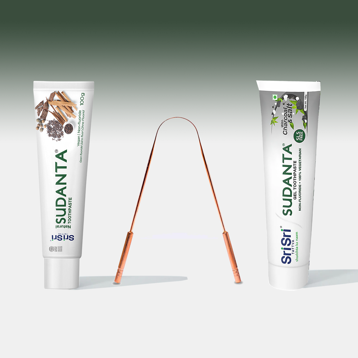 Sudanta Oral Microbiome Care Routine Set: 2x Sudanta ECOCERT 100g + 1x Sudanta Gel 100g + Copper Tongue Cleaner